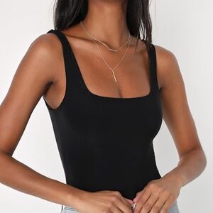 Lulus Sophisticated Ease Black Knit Square Neck Bodysuit - Size S